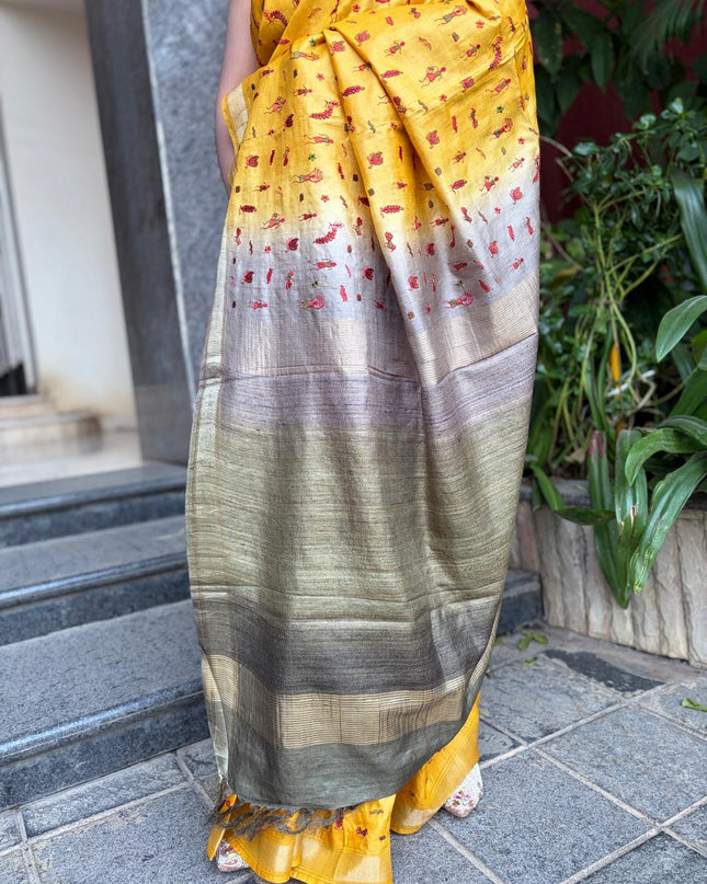 Mustard Yellow Pure Kosa Silk All Over Machine-Embroidery with Contrast Pallu & blouse (Silk Mark provided)