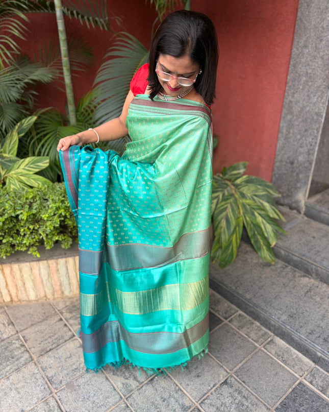 Three Shaded Teal Kosa Silk Saree with Tiny Buti Motifs with Blouse (Silk Mark Provided)