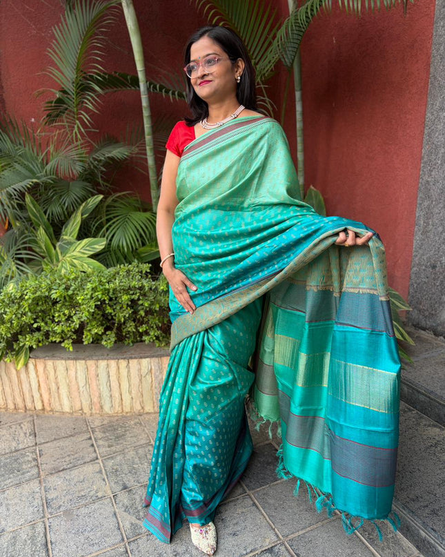 Three Shaded Teal Kosa Silk Saree with Tiny Buti Motifs with Blouse (Silk Mark Provided)