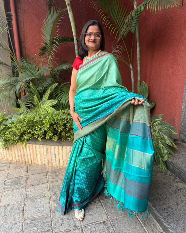Three Shaded Teal Kosa Silk Saree with Tiny Buti Motifs with Blouse (Silk Mark Provided)