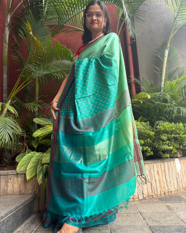 Three Shaded Teal Kosa Silk Saree with Tiny Buti Motifs with Blouse (Silk Mark Provided)