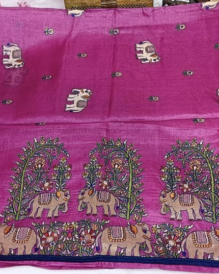 Magenta Kosa Silk Saree With Elephant Motif Border (Silk Mark Certified)