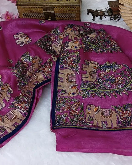 Magenta Kosa Silk Saree With Elephant Motif Border (Silk Mark Certified)