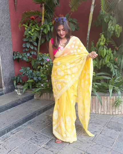 Yellow Chikankari Mulmul Cotton Saree with Blouse