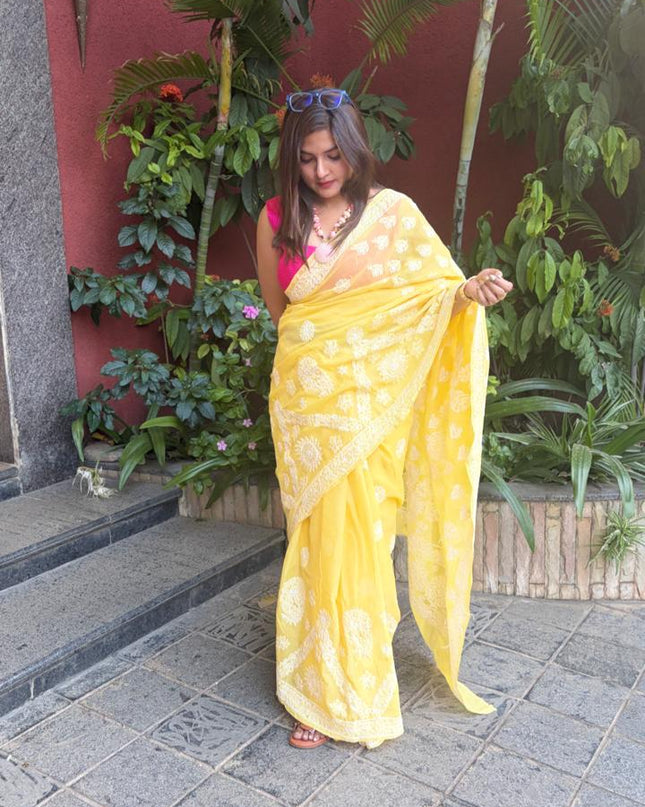 Yellow Chikankari Mulmul Cotton Saree with Blouse