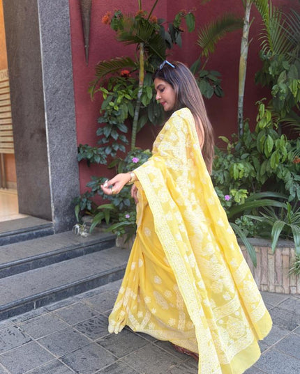 Yellow Chikankari Mulmul Cotton Saree with Blouse