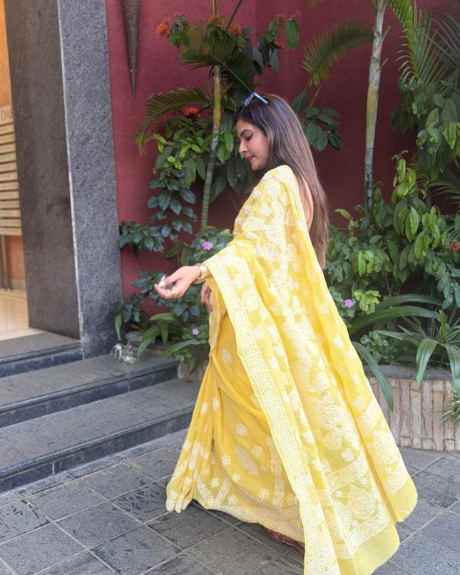 Yellow Chikankari Mulmul Cotton Saree with Blouse