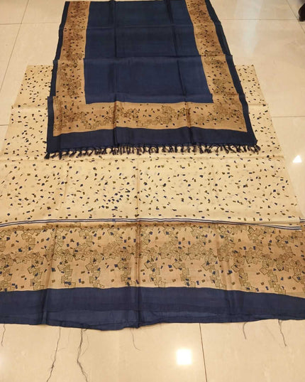 Beige & Navy Blue Pure Kosa Silk Kurti & Dupatta Set With Traditional Printed Border - Kanishk Silk
