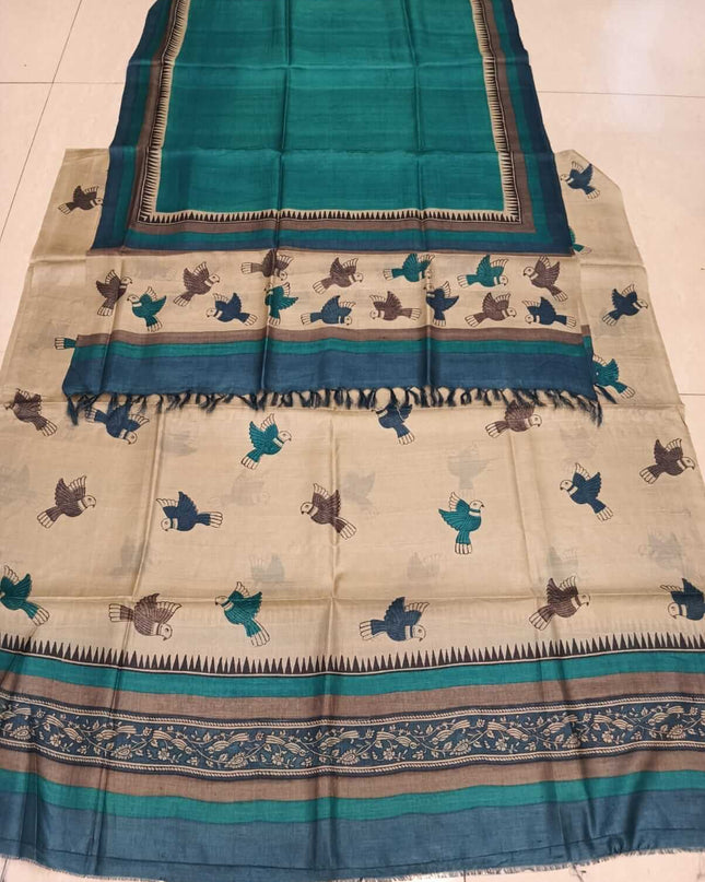 Beige Pure Kosa Silk Kurti & Dupatta Set With Bird Motif Print - Kanishk Silk