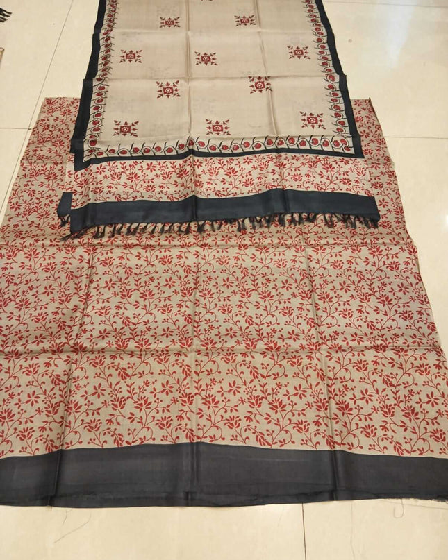 Beige Pure Kosa Silk Kurti & Dupatta Set With Floral Print - Kanishk Silk