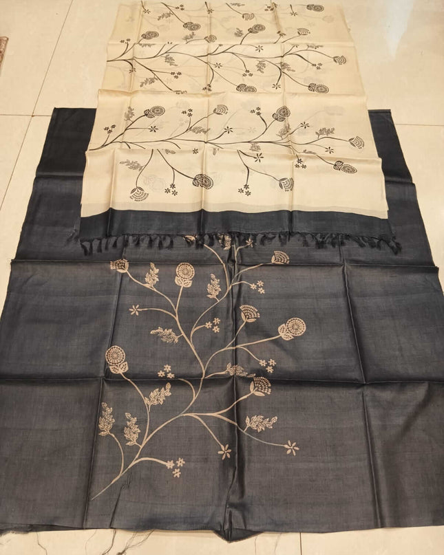 Beige Pure Kosa Silk Kurti & Dupatta Set With Minimal Floral Print - Kanishk Silk