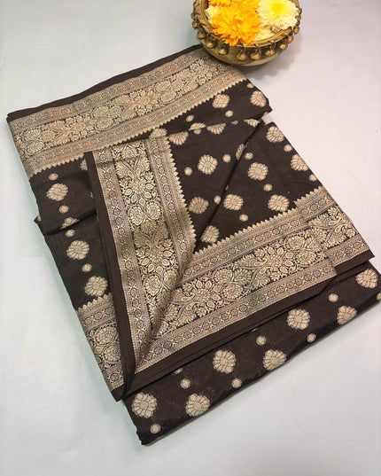 Black Kosa Silk Blend Saree With Floral Buti And Rich Woven Border - Kanishk Silk