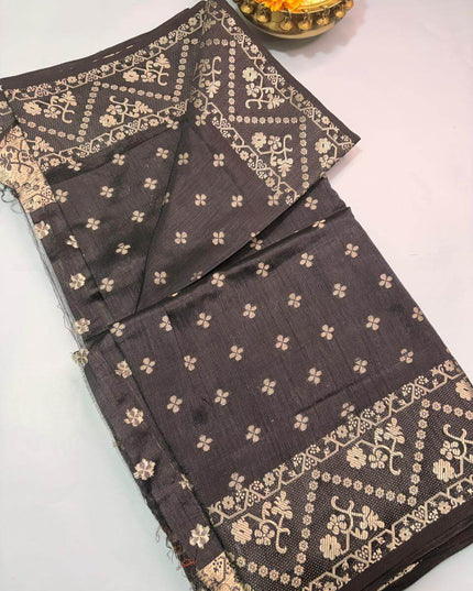 Black Mix Kosa Silk Saree with Gold Zari Motifs & Rich Pallu - Kanishk Silk