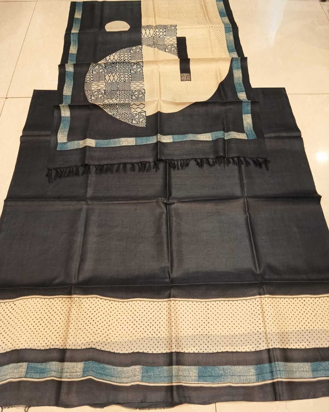Black Pure Kosa Silk Kurti & Dupatta Set With Abstract Panel Design - Kanishk Silk