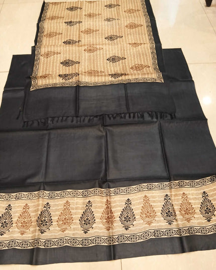 Black Pure Kosa Silk Kurti & Dupatta Set With Buti Print - Kanishk Silk