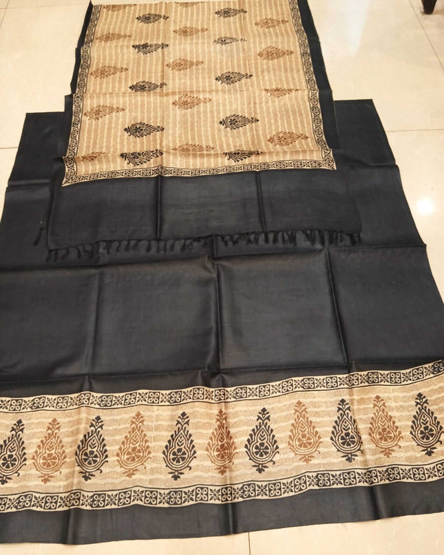 Black Pure Kosa Silk Kurti & Dupatta Set With Buti Print - Kanishk Silk