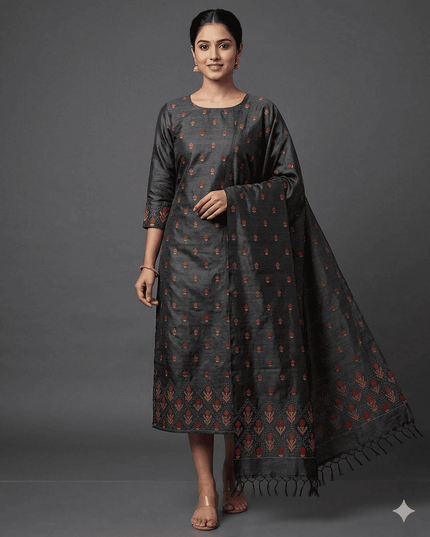 Black Pure Kosa Silk Kurti & Dupatta Set With Embroidered Border - Kanishk Silk