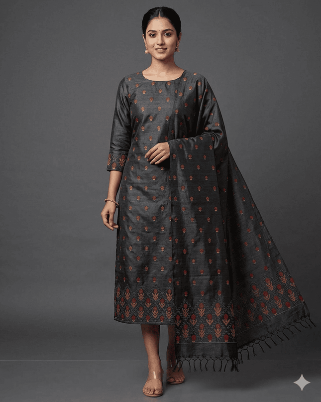 Black Pure Kosa Silk Kurti & Dupatta Set With Embroidered Border - Kanishk Silk