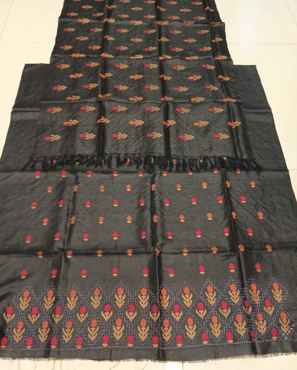 Black Pure Kosa Silk Kurti & Dupatta Set With Embroidered Border - Kanishk Silk