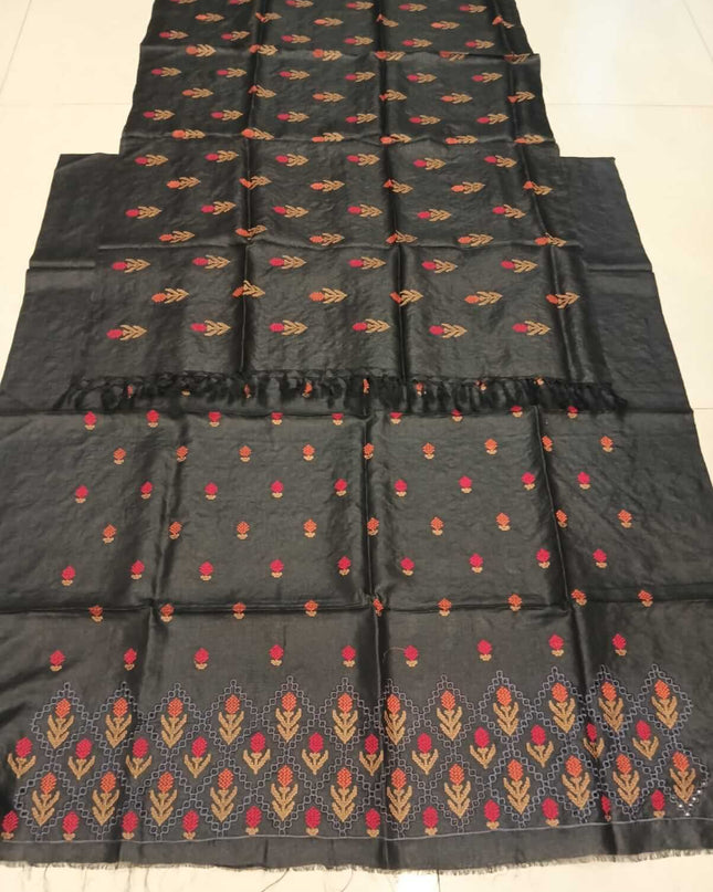 Black Pure Kosa Silk Kurti & Dupatta Set With Embroidered Border - Kanishk Silk
