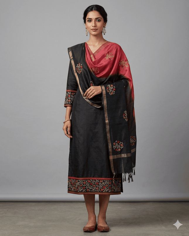 Black Pure Kosa Silk Kurti & Dupatta Set With Floral Embroidered Border - Kanishk Silk