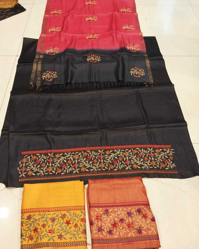 Black Pure Kosa Silk Kurti & Dupatta Set With Floral Embroidered Border - Kanishk Silk