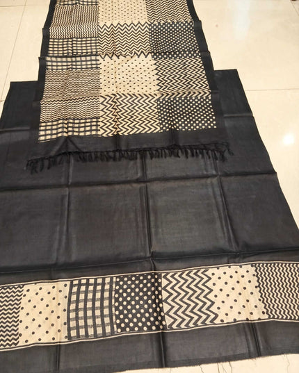 Black Pure Kosa Silk Kurti & Dupatta Set With Geometric Printed Border - Kanishk Silk