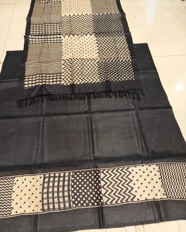 Black Pure Kosa Silk Kurti & Dupatta Set With Geometric Printed Border - Kanishk Silk