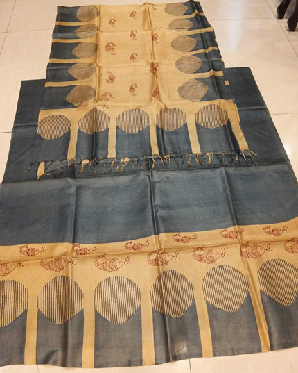 Blue Pure Kosa Silk Kurti & Dupatta Set With Circular Motif Design - Kanishk Silk