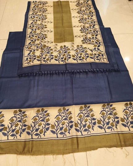 Blue Pure Kosa Silk Kurti & Dupatta Set With Floral Printed Border - Kanishk Silk