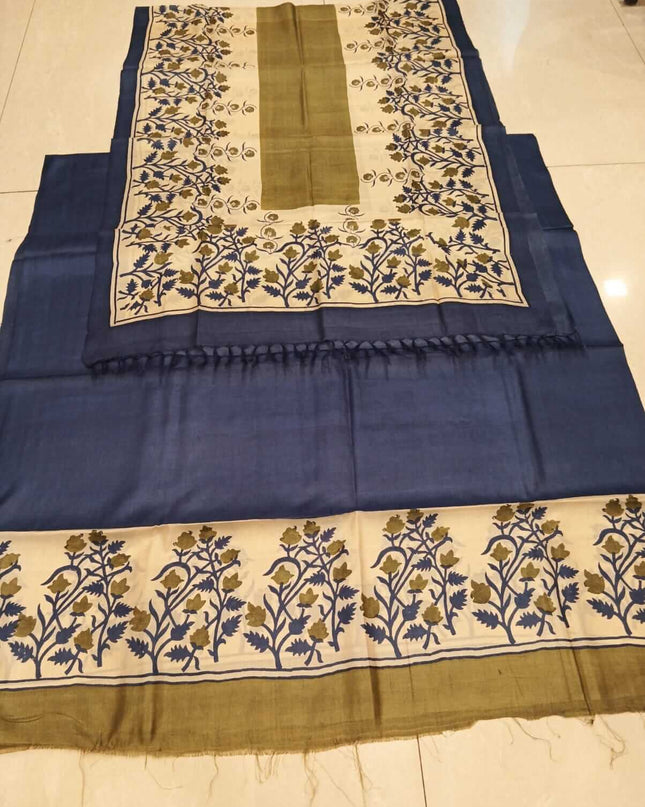 Blue Pure Kosa Silk Kurti & Dupatta Set With Floral Printed Border - Kanishk Silk