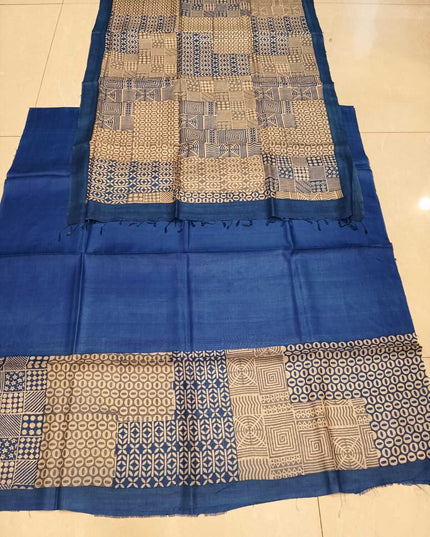 Blue Pure Kosa Silk Kurti & Dupatta Set With Patchwork Print Design - Kanishk Silk