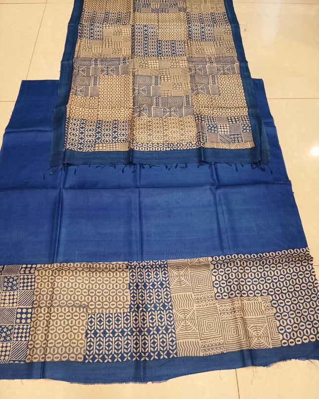 Blue Pure Kosa Silk Kurti & Dupatta Set With Patchwork Print Design - Kanishk Silk