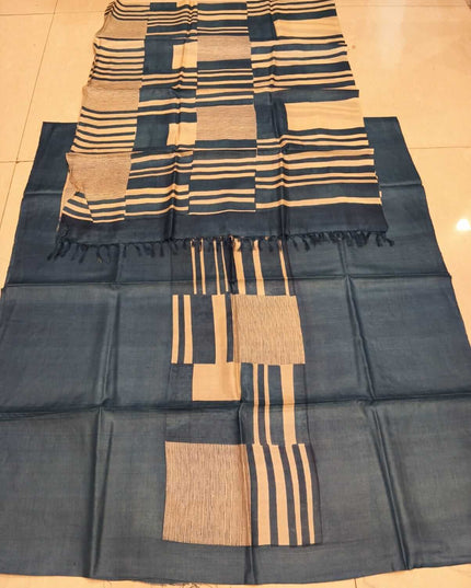 Blue Pure Kosa Silk Kurti & Dupatta Set With Striped Panel Design - Kanishk Silk