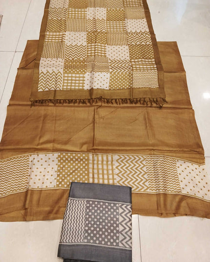 Golden Beige Pure Kosa Silk Kurti & Dupatta Set With Geometric Printed Border - Kanishk Silk