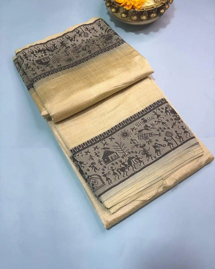 Golden Beige Warli Art Mix Kosa Silk Saree - Kanishk Silk