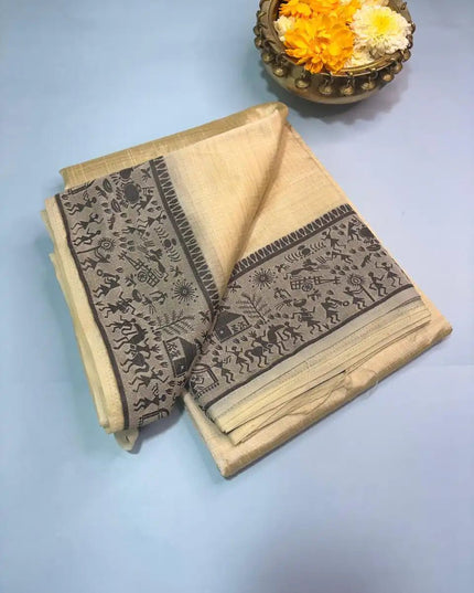Golden Beige Warli Art Mix Kosa Silk Saree - Kanishk Silk