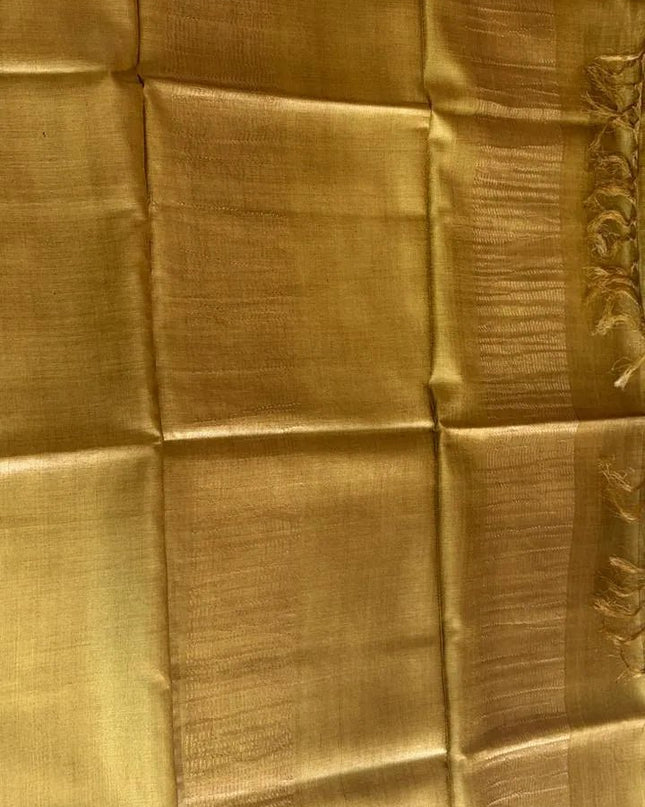 Golden Pure Kosa Silk Saree with Zigzag Print & Tussar Zari Border with Blouse (Silk Mark Certified) - Kanishk Silk