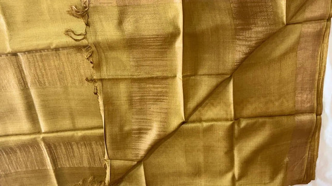 Golden Pure Kosa Silk Saree with Zigzag Print & Tussar Zari Border with Blouse (Silk Mark Certified) - Kanishk Silk