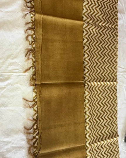 Golden Pure Kosa Silk Saree with Zigzag Print & Tussar Zari Border with Blouse (Silk Mark Certified) - Kanishk Silk