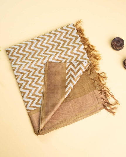 Golden Pure Kosa Zigzag Printed & Tussar Zari Border Saree (Silk Mark certified) - Kanishk Silk