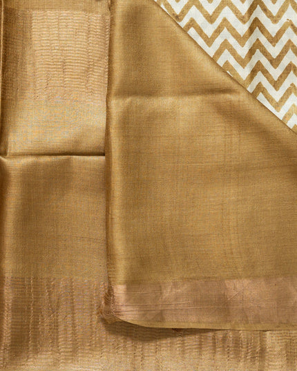 Golden Pure Kosa Zigzag Printed & Tussar Zari Border Saree (Silk Mark certified) - Kanishk Silk