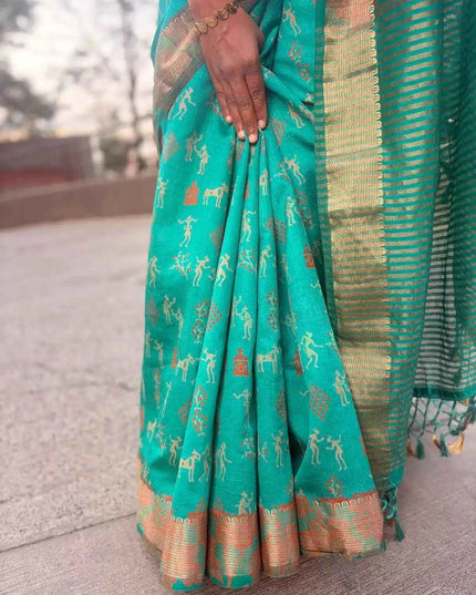 Green Kosa Silk Blend Saree With Zari Border - Kanishk Silk