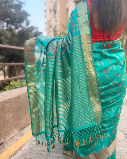 Green Kosa Silk Blend Saree With Zari Border - Kanishk Silk
