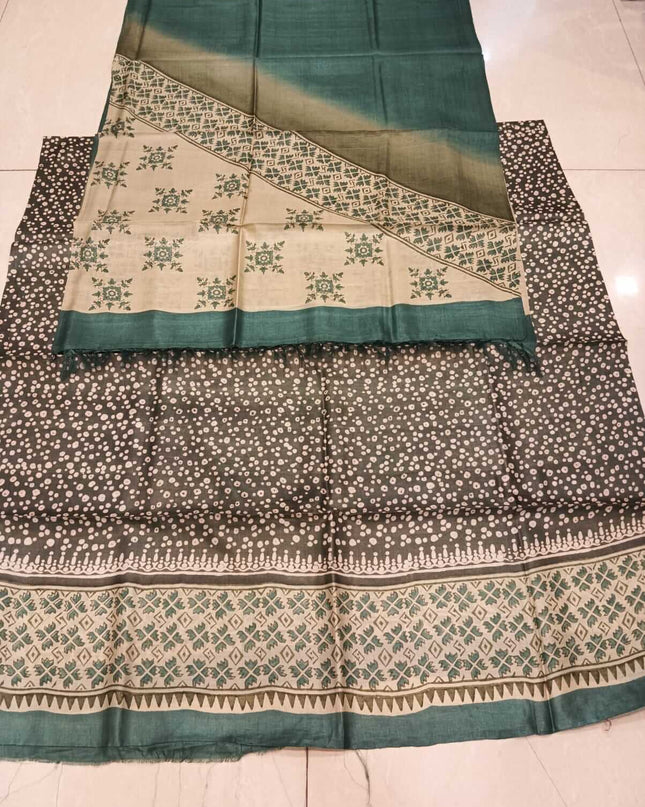 Green Pure Kosa Silk Kurti & Dupatta Set With Printed Motifs - Kanishk Silk
