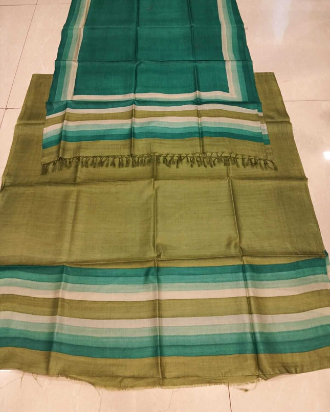 Green Pure Kosa Silk Kurti & Dupatta Set With Striped Border Design - Kanishk Silk