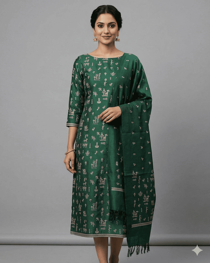 Green Pure Kosa Silk Kurti & Dupatta Set With Tribal Embroidery - Kanishk Silk