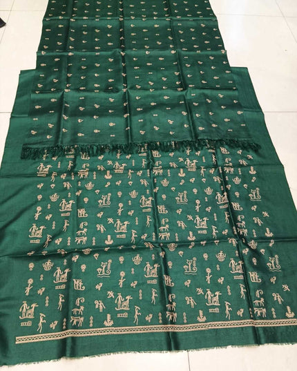 Green Pure Kosa Silk Kurti & Dupatta Set With Tribal Embroidery - Kanishk Silk