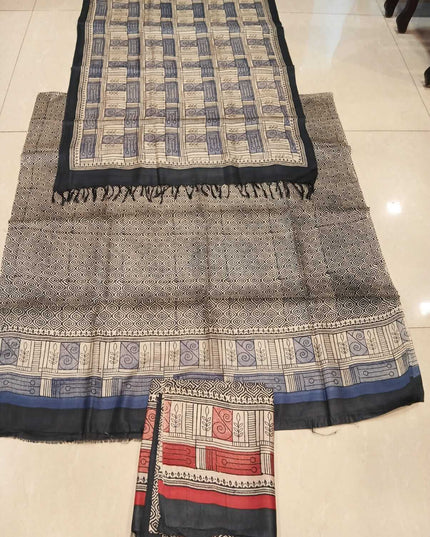 Grey Pure Kosa Silk Kurti & Dupatta Set With Geometric Print - Kanishk Silk