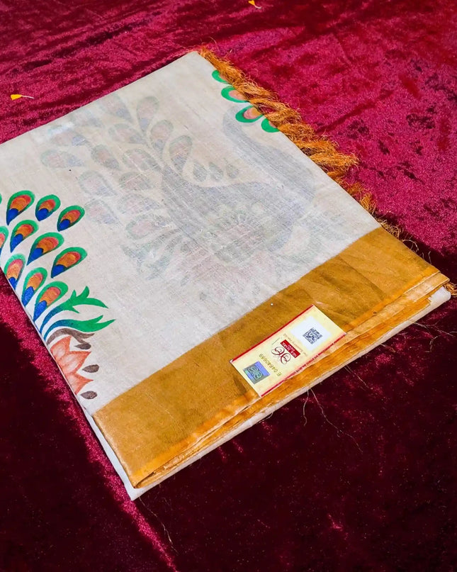 Hand - Painted Peacock Kosa Silk Saree – Ivory & Gold (Silk Mark Certified) - Kanishk Silk